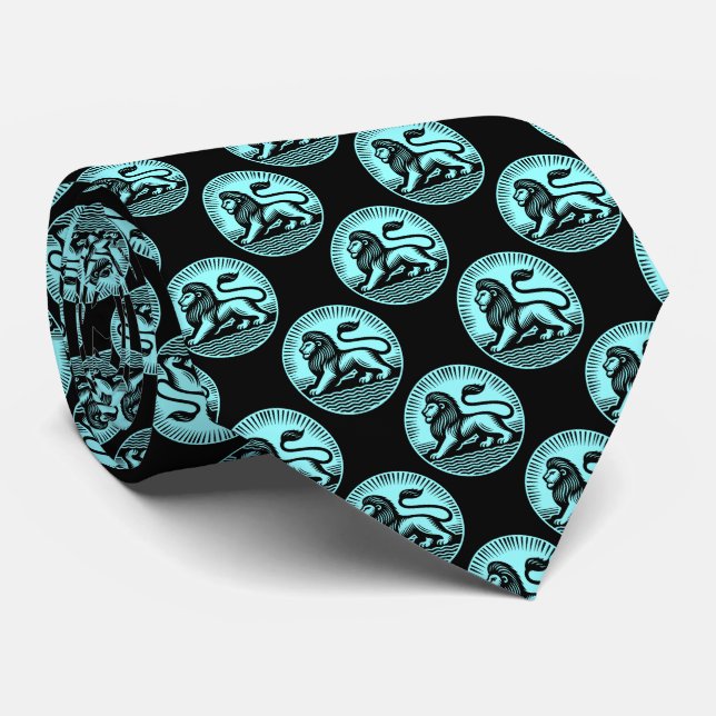 Lion Disk Pattern - Schwarz und Eisblau auf Schwar Krawatte (Gerollt)