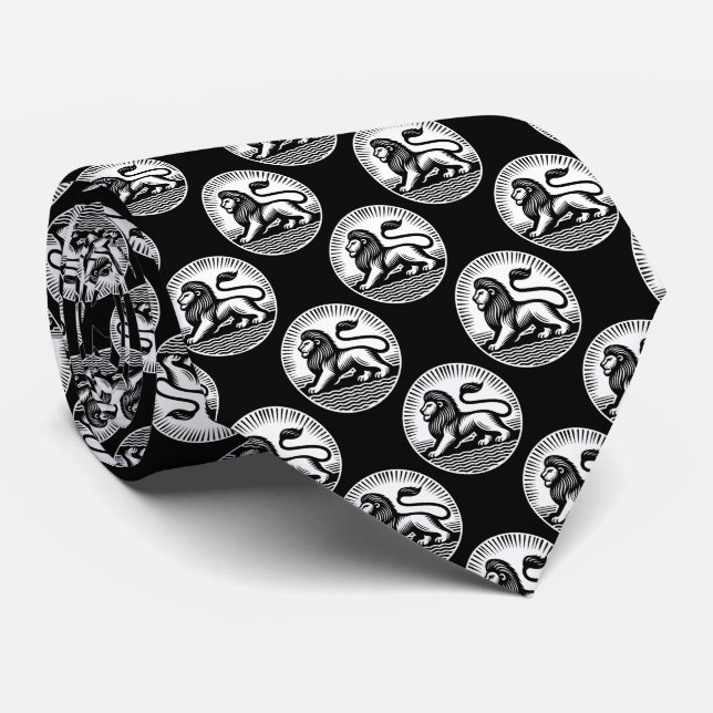 Lion Disk Pattern - Schwarz und Weiß auf Schwarz Krawatte (Gerollt)