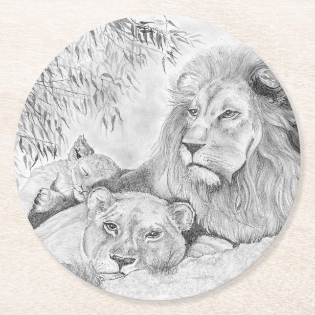 Lion Family Runder Pappuntersetzer (Vorderseite)