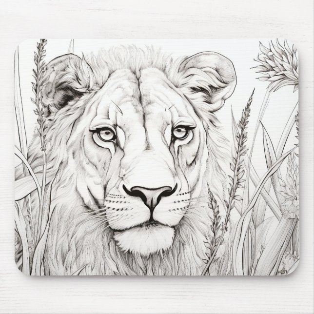 Lion Friedlich Nature Prairie Sketch Zeichnend Sti Mousepad (Vorne)