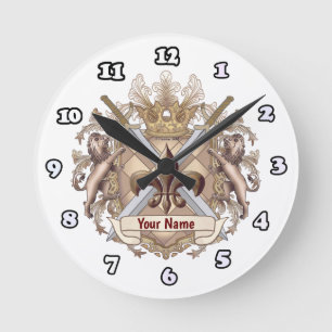 Lion Griffin Shield-Nachname Runde Wanduhr