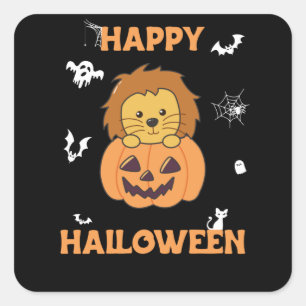Lion in Pumpkin Sweet Lions Happy Halloween Quadratischer Aufkleber
