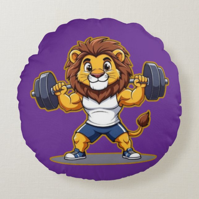 Lion Lifting Light Weights – Cute Gym Animal Illus Rundes Kissen (Vorderseite)