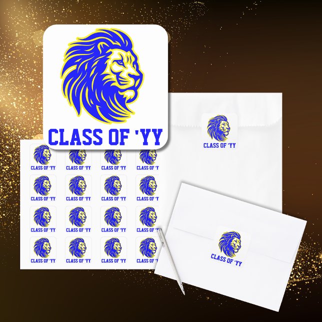 Lion Mascot Blue and Yellow Graduate Envelope Quadratischer Aufkleber (Von Creator hochgeladen)