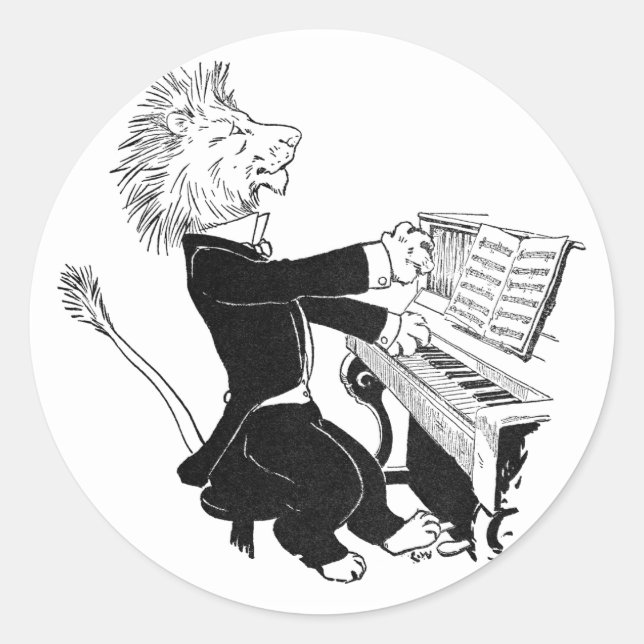 Lion Playing Piano Antike Louis Wain Zeichnend Runder Aufkleber (Vorderseite)