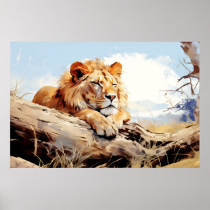Lion Relaxen auf Tree Trunk Animal Fun Happy Cool Poster