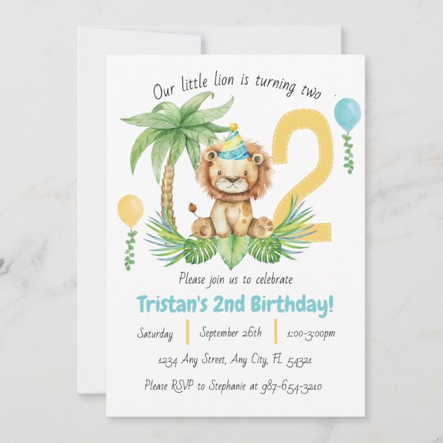 Lion Safari 2nd Birthday Invitation Einladung (Vorderseite)