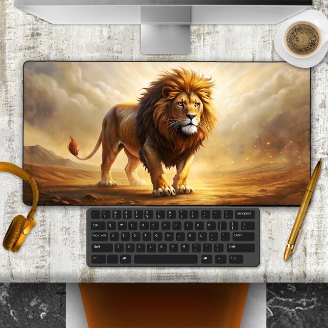 Lion Safari Nature Schreibtischunterlage (Desk mat featuring a fine art painting of an impressive lion - safari majestic big cat )