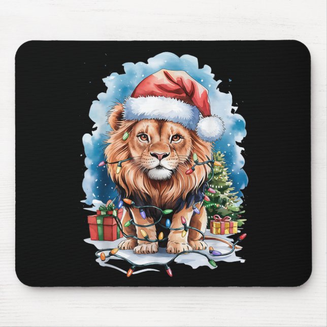 Lion Santa Hat Christmas Lights Watercolor Winter  Mousepad (Vorne)