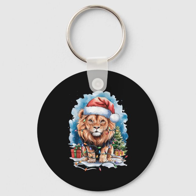 Lion Santa Hat Christmas Lights Watercolor Winter  Schlüsselanhänger (Vorderseite)