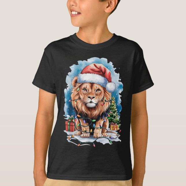 Lion Santa Hat Christmas Lights Watercolor Winter  T-Shirt (Vorderseite)