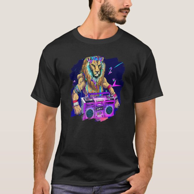 Lion Stereo Techno Cool Lion DJ Music Retro T-Shirt (Vorderseite)