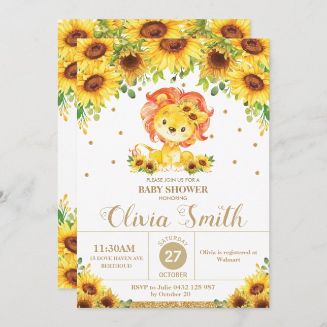 Lion Sunflower Floral Baby Dusche Sprinkle Girl Einladung (Vorne/Hinten)