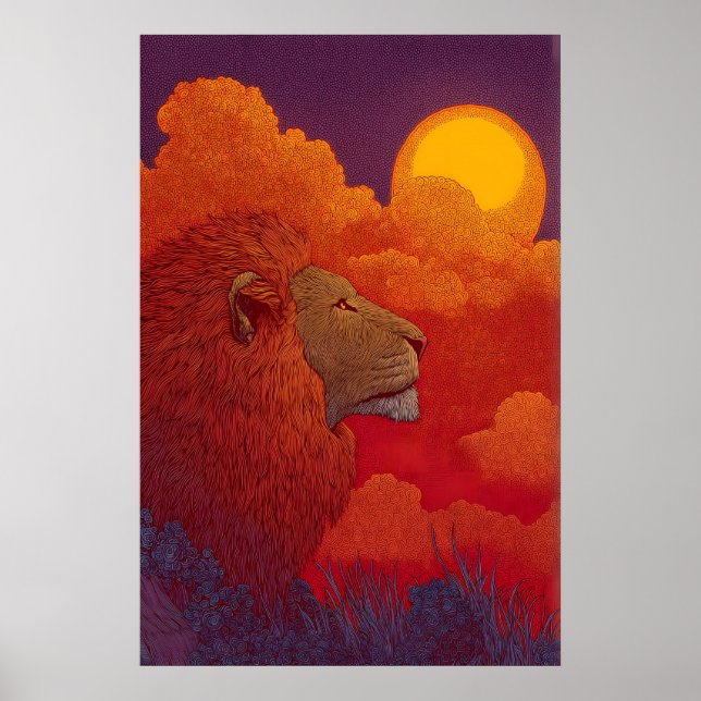 Lion Sunset Wall Art Fiery Mane, Circular Sun Poster (Vorne)