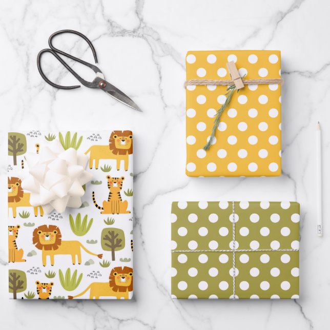 Lion Tiger Jungle Wrapping Paper Set 3 Geschenkpapier Set (Vorderseite)