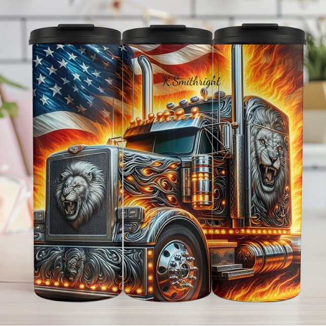 Lion Truck American Flag Feuer Thermosbecher (Von Creator hochgeladen)