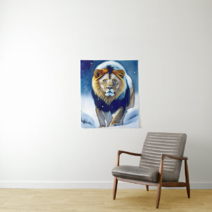 Lion Walking in Winter Snow Wandteppich