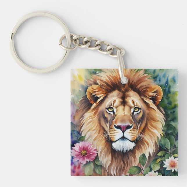 Lion Watercolor Blumenart Schlüsselanhänger (Vorderseite)