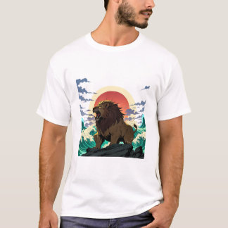 Lion Wave Art - Ukiyo-e Sunset Design T-Shirt