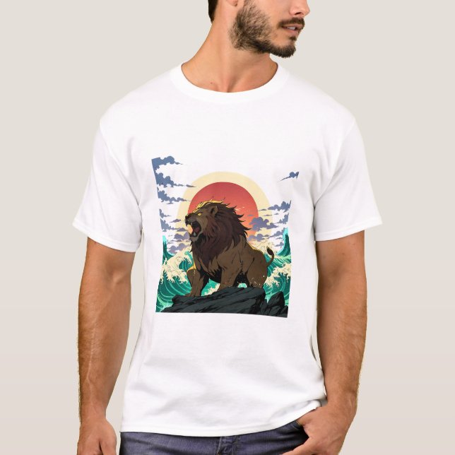 Lion Wave Art - Ukiyo-e Sunset Design T-Shirt (Vorderseite)