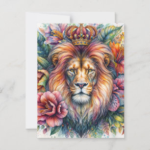 Lion Wear Crown Floral Watercolor Portrait Postkarte