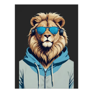 Lion Wearing Hoodie Funny Coole Tierart Poster