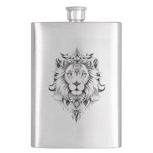 Lion Wild Animal Nature Illustration Art Tattoo Flachmann