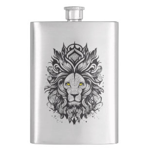 Lion Wild Animal Nature Illustration Art Tattoo Flachmann