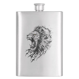 Lion Wild Animal Nature Illustration Art Tattoo Flachmann