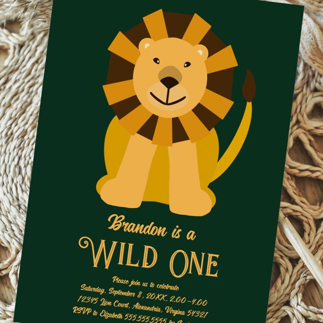 Lion Wild One First Birthday Gold und Green Einladung (Von Creator hochgeladen)