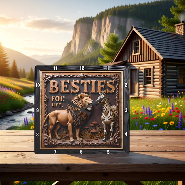 Lion Zebra Close Up Friends Quadratische Wanduhr (Von Creator hochgeladen)