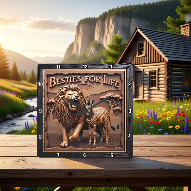 Lion Zebra Close Up Savanna Quadratische Wanduhr (Von Creator hochgeladen)