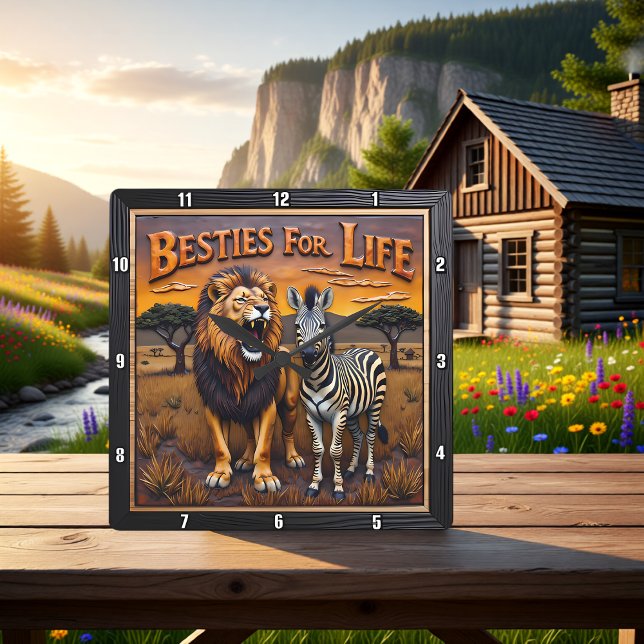 Lion Zebra Savanna Besties Quadratische Wanduhr (Von Creator hochgeladen)