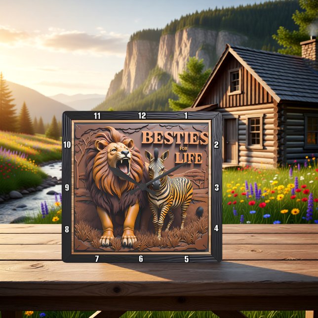 Lion Zebra Savanna Friendship Quadratische Wanduhr (Von Creator hochgeladen)