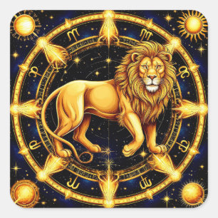 Lion Zodiac Symbol über Celestial Starry Backgroun Quadratischer Aufkleber