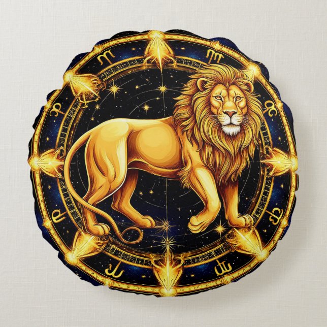 Lion Zodiac Symbol über Celestial Starry Backgroun Rundes Kissen (Vorderseite)