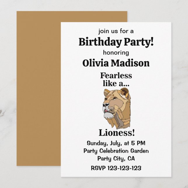Lioness Animal Fearless Birthday Party Einladung (Vorne/Hinten)