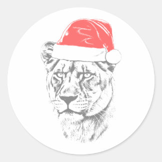 Lioness Christmas Hat Runder Aufkleber