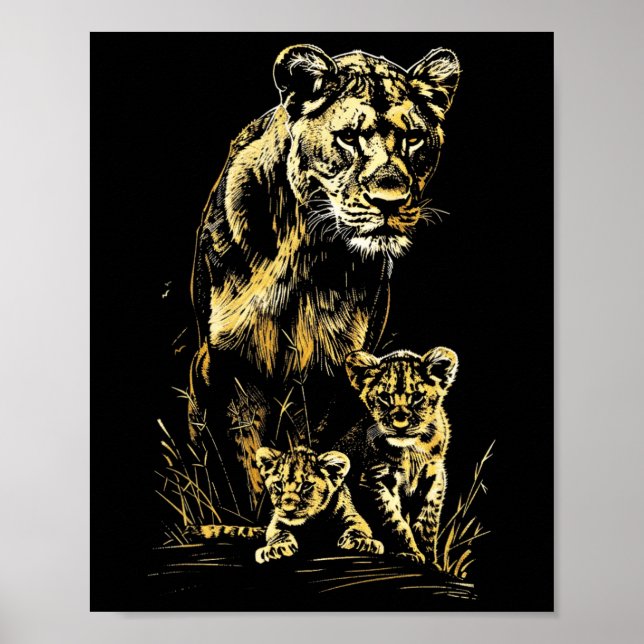 Lioness Cubs Jagdteam Lion Wildlife Sketch Poster (Vorne)