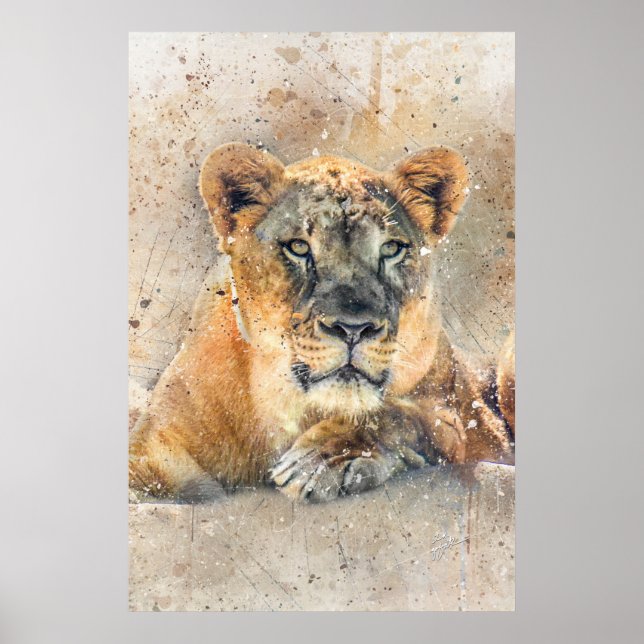 Lioness Face Watercolor Jungtier Poster (Vorne)