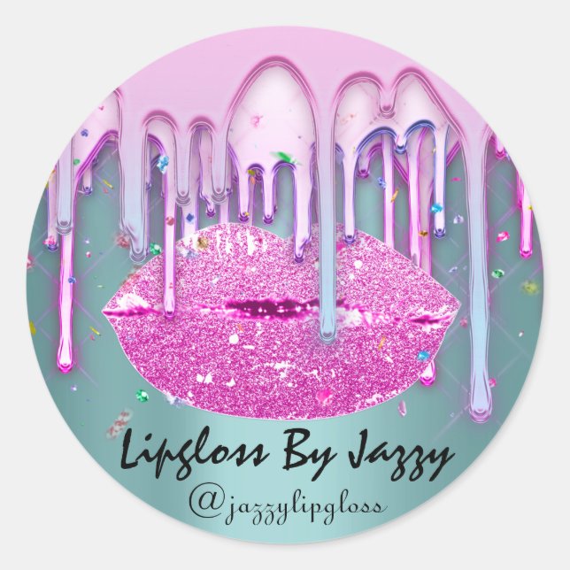 Lipgloss Makeup Pink Green Tropfen Packung Runder Aufkleber (Vorderseite)