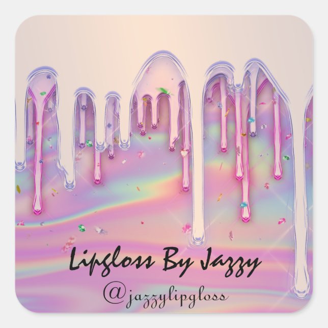 Lipgloss Makeup Pink Rose Tropfens Holograph Quadratischer Aufkleber (Vorderseite)