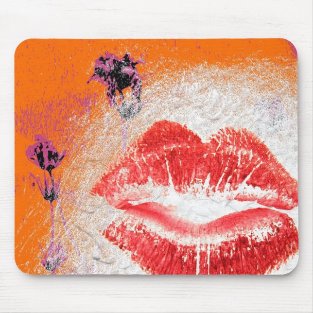 Lippen auf orangefarbenen Hintergrundfarben Lila B Mousepad (Vorne)