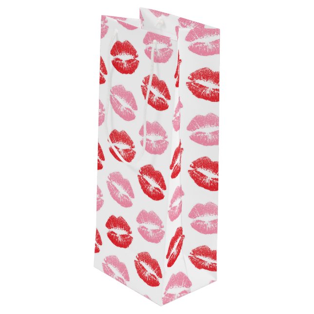 Lippen, rot und rosa, Lippenmuster, Lippenstift, K Geschenktüte Für Weinflaschen (Rückseite Schrägansicht)