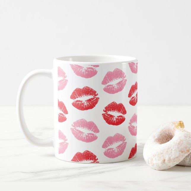 Lippen, rot und rosa, Lippenmuster, Lippenstift, K Kaffeetasse (Mit Donut)