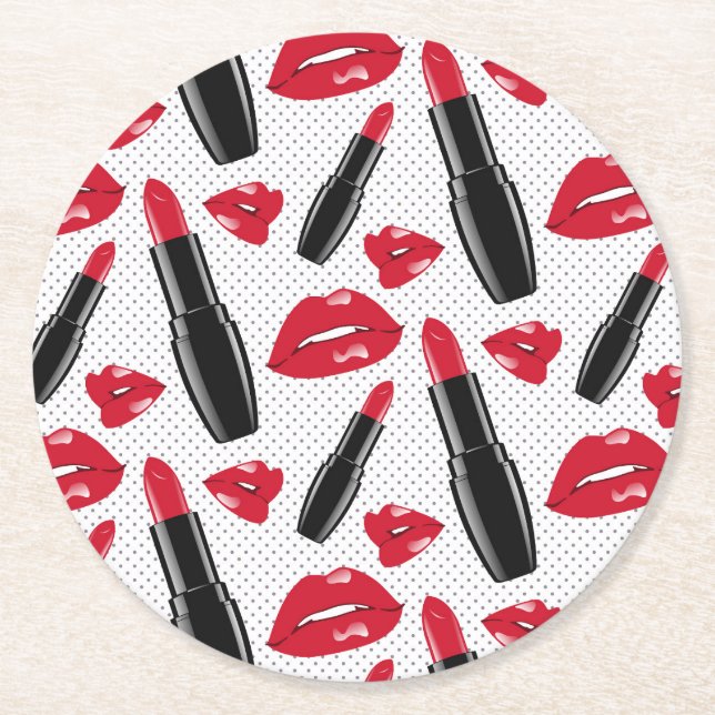 Lippenstift-und LippenTupfen-Muster Runder Pappuntersetzer (Vorderseite)