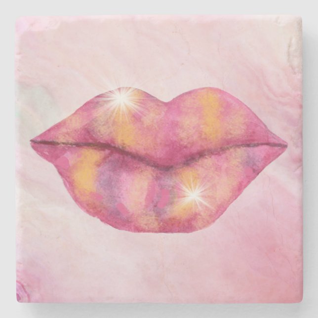 Lippenstone-Untersetzer in Rosa und Gold Steinuntersetzer (Vorderseite)