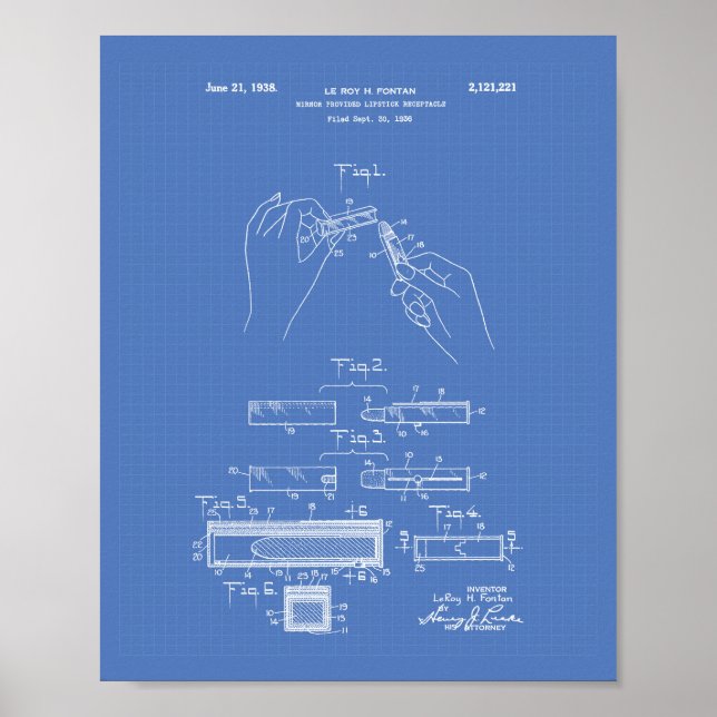 Lipstick 1938 Patentart Blueprint Poster (Vorne)