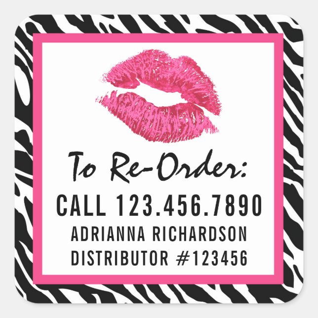 Lipstick-Distributor Zebra Kiss Re-Order-Label Quadratischer Aufkleber (Vorderseite)
