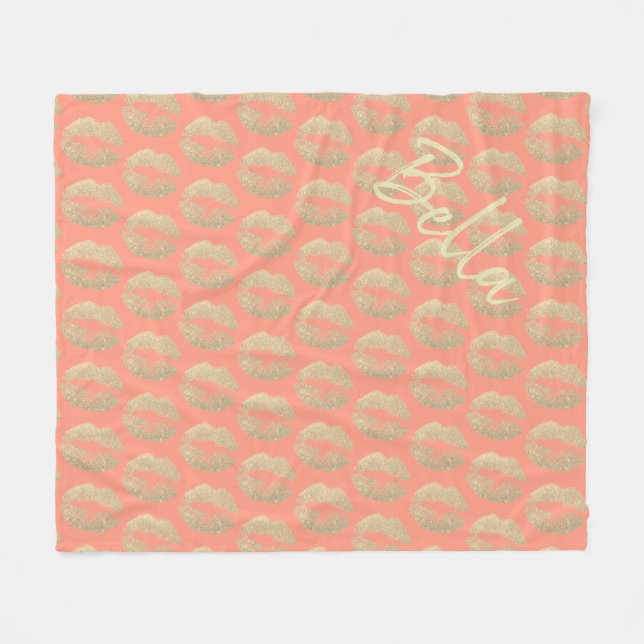 Lipstick küss rosa pinkfarbene goldene Schönheit Fleecedecke (Vorderseite (Horizontal))